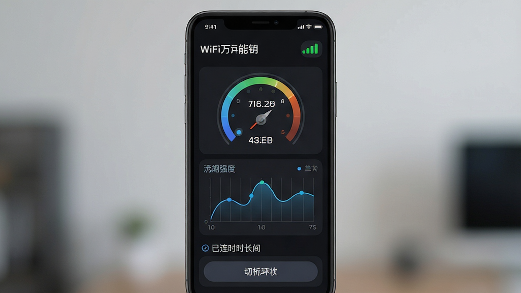 一张展示WiFi万能钥连通连接状态监测界面的手机截图风格图片,画面中央是手机屏幕,屏幕内顶部显示当前连接的WiFi名称和信号满格图标,中部有网速仪表盘和信号强度曲线图,底部显示已连接时长和切换网络按钮,布局为手机居中、界面元素清晰分层,风格为现代深色模式UI设计,细节包括动态波形图、数值标签、圆形仪表盘,画质高清,干净无多余元素