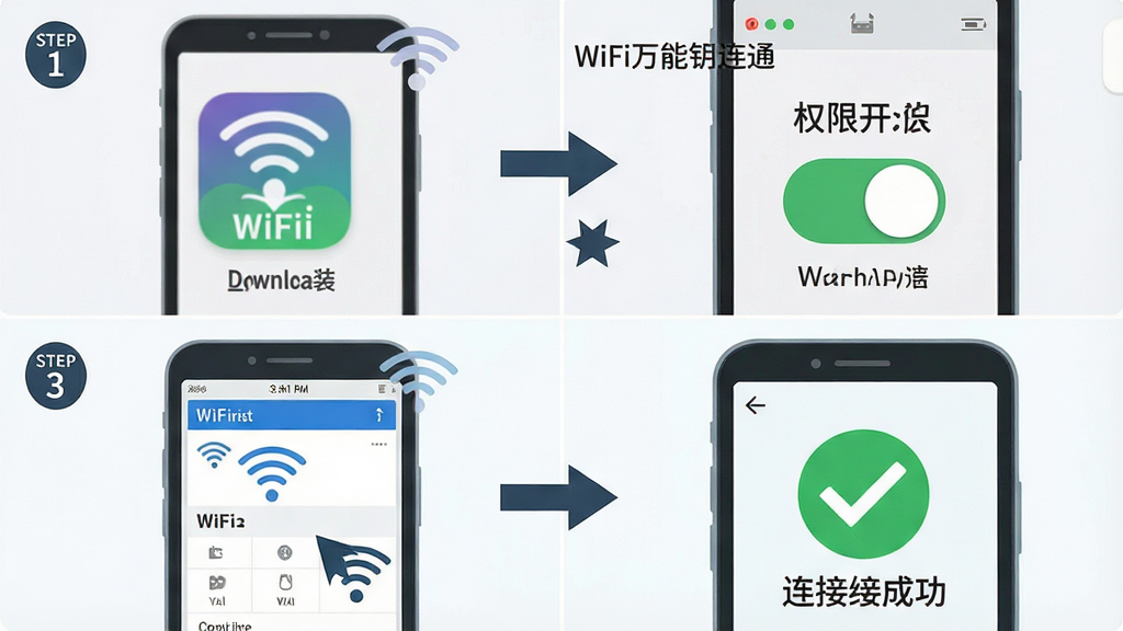一张展示WiFi万能钥连通新手操作步骤的图解风格图片,画面为四格步骤图纵向排列,第一格显示下载安装图标,第二格显示权限开启开关,第三格显示WiFi列表点击连接,第四格显示连接成功打勾标志,布局为四格等分、从上到下阅读顺序,风格为简洁扁平化信息图,细节包括步骤编号、箭头指引、手机轮廓,画面中带文字