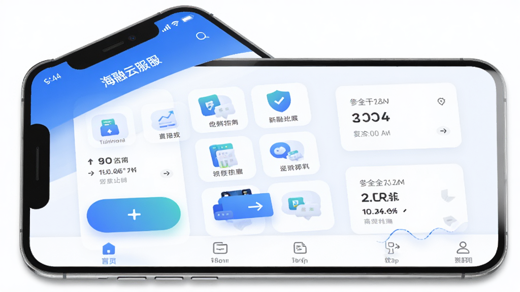 海融云服App主界面展示在手机屏幕上,主体为一部现代智能手机,屏幕内呈现蓝白色调的金融服务应用首页,布局包含顶部导航栏、中部功能图标矩阵与底部菜单栏,排版简洁清晰,风格为商务科技感,细节包括图标圆角设计、渐变按钮与数据卡片,画质高清,干净,无多余元素