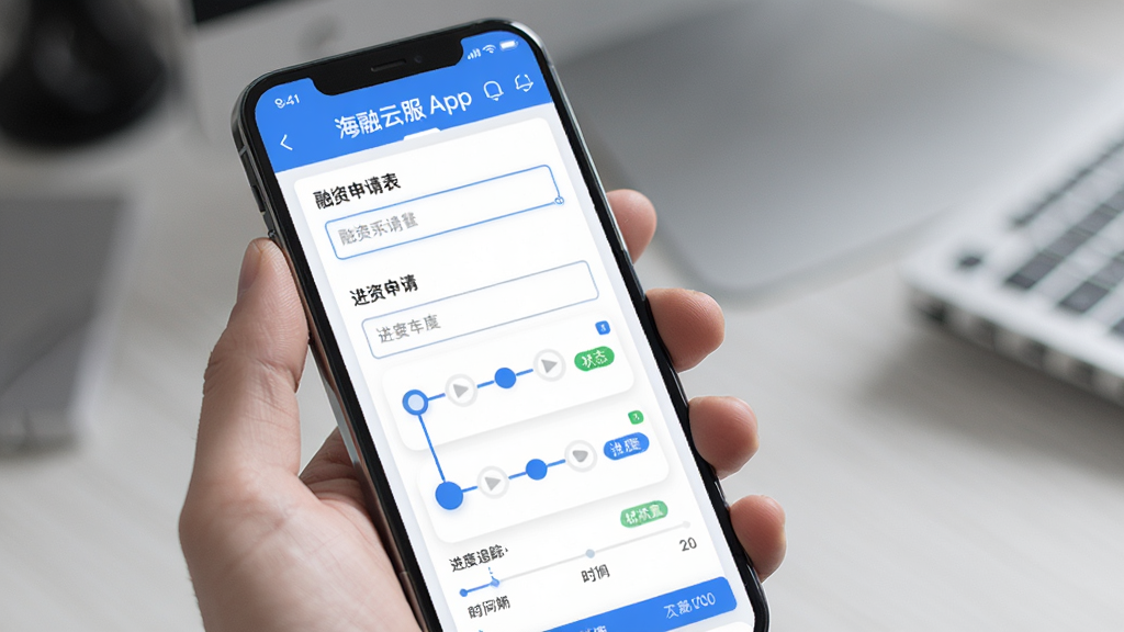 海融云服App业务办理界面,手机屏幕显示融资申请表单与进度追踪时间轴,页面以蓝色和白色为主,主体为一部手持智能手机,布局为纵向卡片式排列,风格商务简约,细节包括表单输入框、进度节点标记、状态标签,画质高清,干净,无多余元素