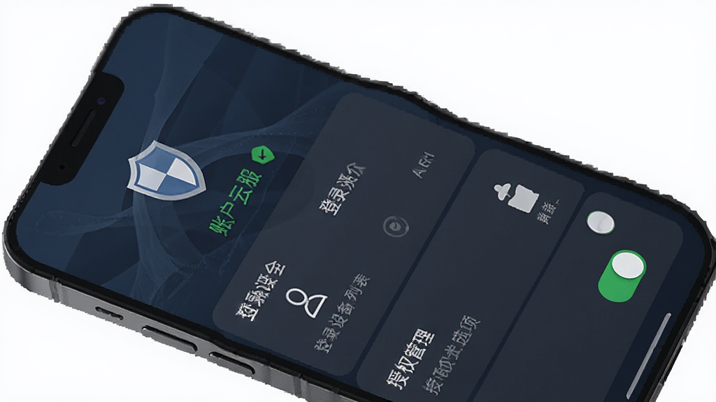 海融云服App安全中心界面,手机屏幕显示账户安全评分、登录设备列表与授权管理选项,主体为一部智能手机,布局为纵向列表,风格稳重专业,细节包括盾牌图标、绿色安全标识、开关按钮,画质高清,干净,无多余元素