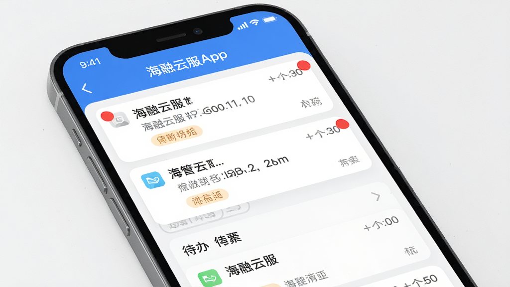 海融云服App消息中心界面,手机屏幕显示多条通知卡片与待办列表,主体为一部智能手机,布局为上下结构,顶部为标题栏,中部为消息流,风格清爽现代,细节包括红点角标、时间戳、分类标签,画质高清,干净,无多余元素
