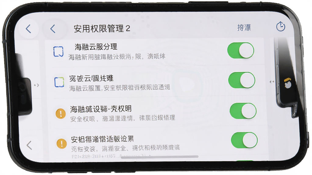 海融云服App安装权限设置界面,手机屏幕显示应用权限管理页面,主体为一部智能手机,布局为权限列表,风格系统原生感,细节包括开关按钮、权限说明文字、安全提示图标,画质高清,干净,无多余元素