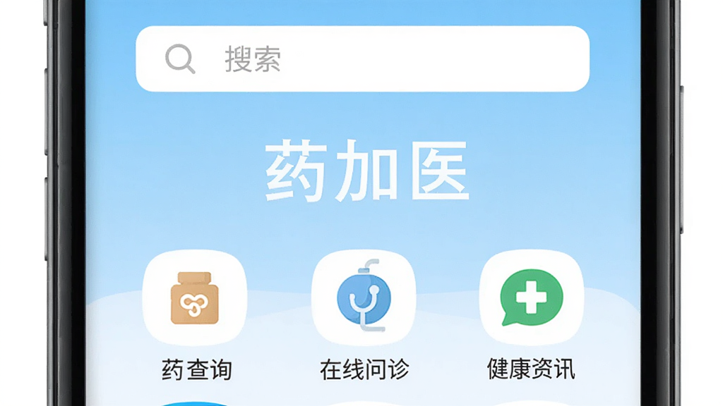 手机屏幕中央展示“药加医”应用主界面,上方为搜索框,下方排列药品查询、在线问诊、健康资讯等功能图标,背景为干净的浅蓝色渐变,整体风格简洁专业,扁平化设计,画面干净无多余元素,高清画质