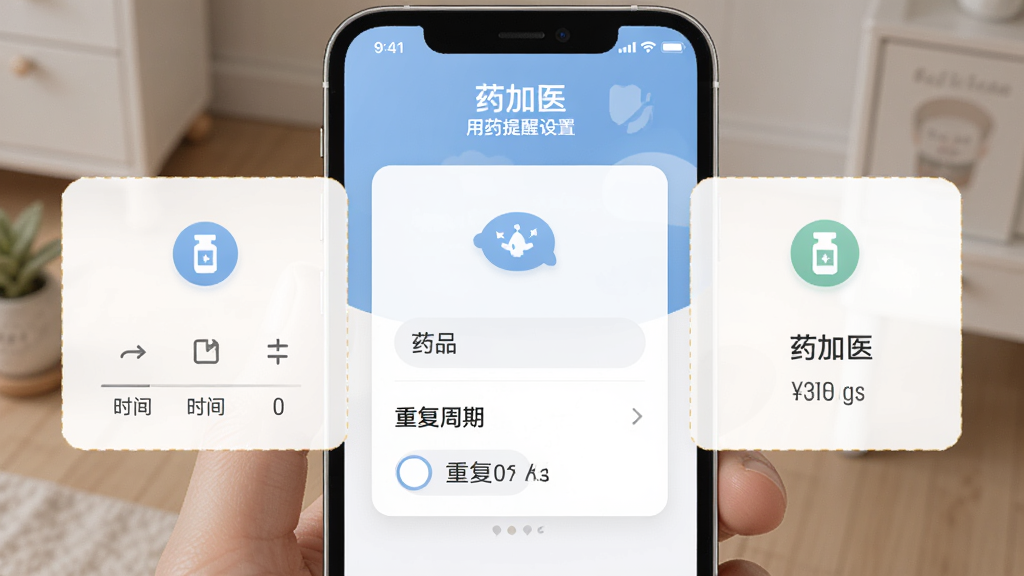 手机屏幕显示“药加医”用药提醒设置界面,包含时间选择、药品名称输入、重复周期选项,界面采用卡片式布局,色调柔和,图标清晰,风格简洁易用,高清画质
