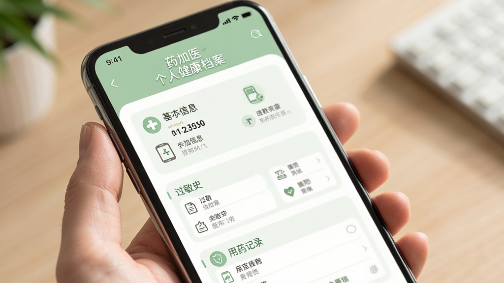 手机屏幕展示“药加医”个人健康档案页面,包含基本信息、过敏史、用药记录等模块,界面采用淡绿色调,布局清晰,图标简约,风格温馨专业,高清画质