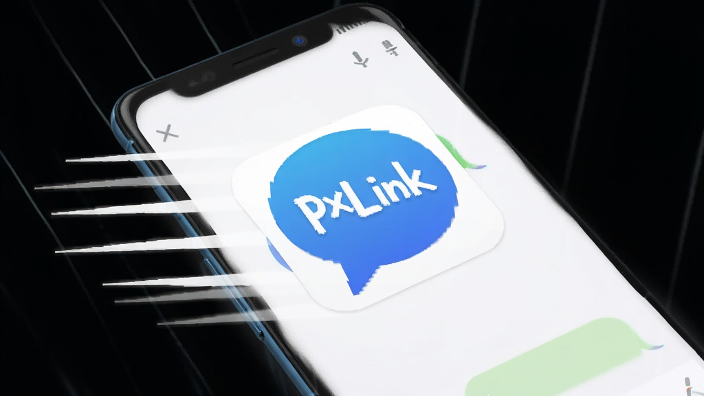 一部安卓手机屏幕上展示PxLink应用图标和聊天界面,图标为蓝色气泡造型,背景为白色渐变,手机周围有速度线装饰,体现轻量极速概念,风格简洁扁平化,画质清晰,无多余元素