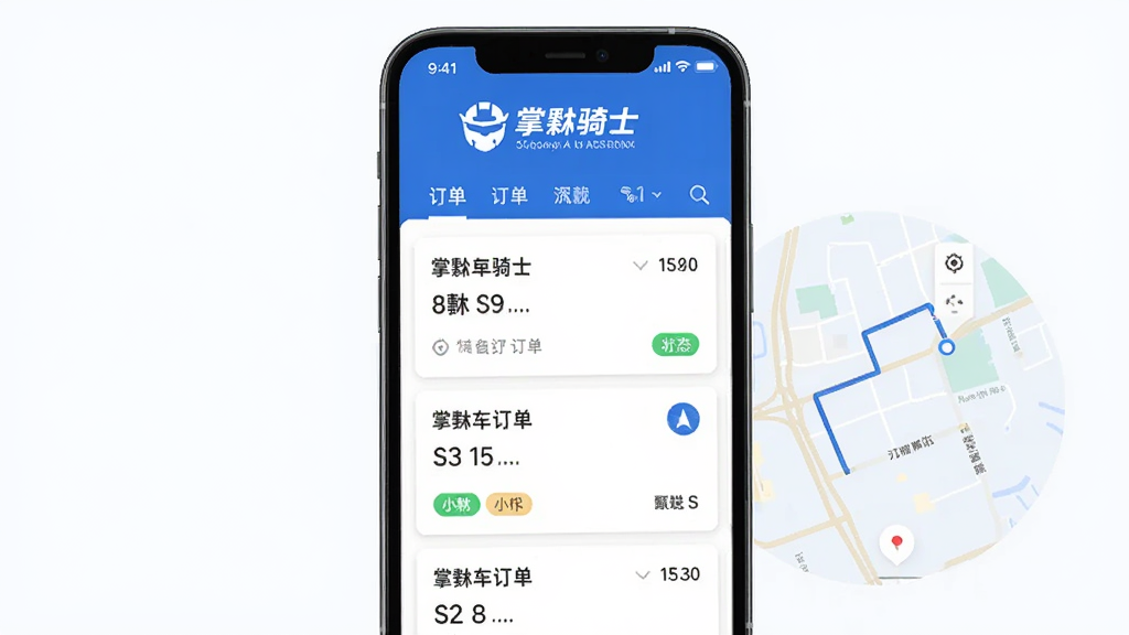 一款名为掌黔骑士的手机应用界面展示图,画面主体为一部竖屏智能手机,屏幕中显示着订单列表和地图导航界面,布局清晰,上方有掌黔骑士的Logo和文字标识,整体采用蓝白配色风格,细节包括订单卡片、配送状态标签和地图路线,画质清晰干净,无多余元素