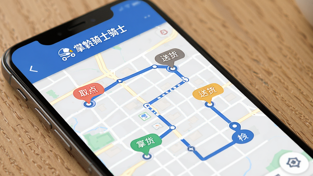 掌黔骑士应用的智能路线规划功能展示图,画面主体为手机屏幕上的地图界面,地图上标注了多个配送点,用不同颜色区分取货点和送货点,路线以蓝色线条连接各点,屏幕上方有掌黔骑士的名称标识,风格简洁清晰,画质干净,无多余元素