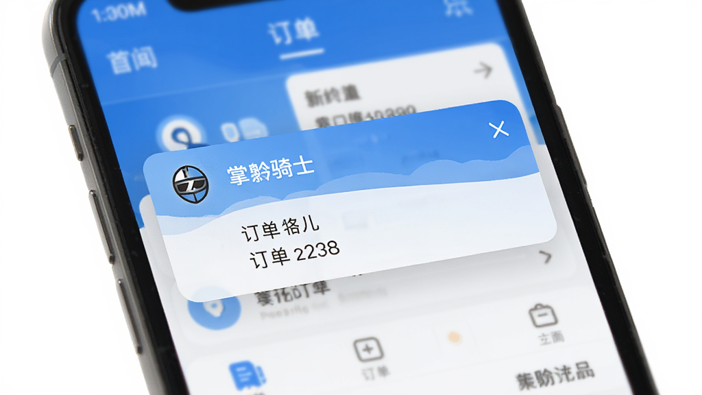 掌黔骑士应用的新订单提醒功能界面,画面主体为手机屏幕弹出新订单通知,通知框内显示掌黔骑士标识和订单简要信息,屏幕背景为应用主界面,风格简洁明快,蓝白配色,画质清晰,无多余元素