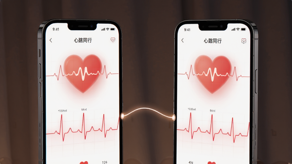 一张展示心跳同行实时心跳同步功能的图片,画面中两部手机并排摆放,屏幕上都显示着跳动的爱心和心率曲线,手机之间用发光的线条连接,背景为柔和的暗色调,风格科技温馨,细节清晰,画质高清,干净无多余元素。