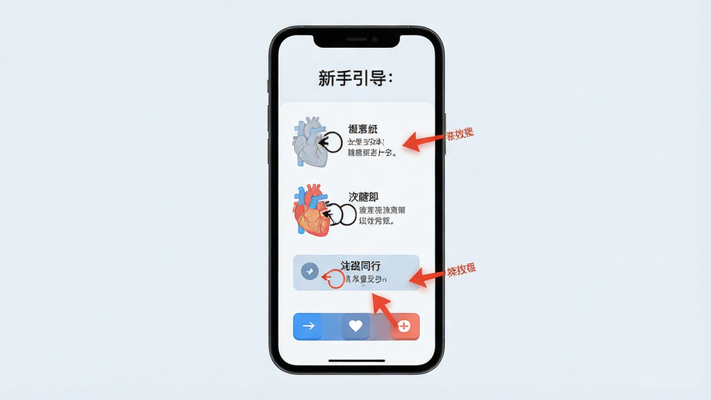 一张展示心跳同行新手操作界面的图片,画面中手机屏幕显示新手引导步骤,有箭头指向各个功能按钮,背景为浅色,风格简洁明了,细节清晰,画质高清,干净无多余元素。