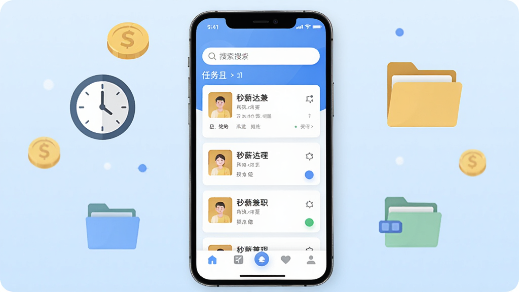 手机屏幕中央展示秒薪达兼职应用主界面,界面包含任务列表卡片、顶部搜索栏与底部导航栏,周围环绕金币、时钟、文件夹等扁平化图标,背景为浅蓝色渐变,整体布局简洁明快,风格现代商务,细节清晰,画质干净,无多余元素