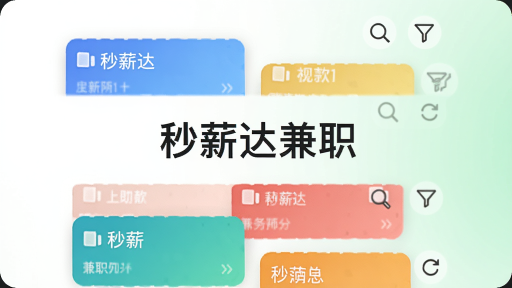 秒薪达兼职应用界面中任务列表不断刷新,不同颜色的任务卡片依次弹出,旁边有放大镜、筛选漏斗和刷新箭头图标,画面中央有秒薪达兼职字样,背景为白色与淡绿色过渡,风格清新扁平,细节丰富,画质干净,无多余元素