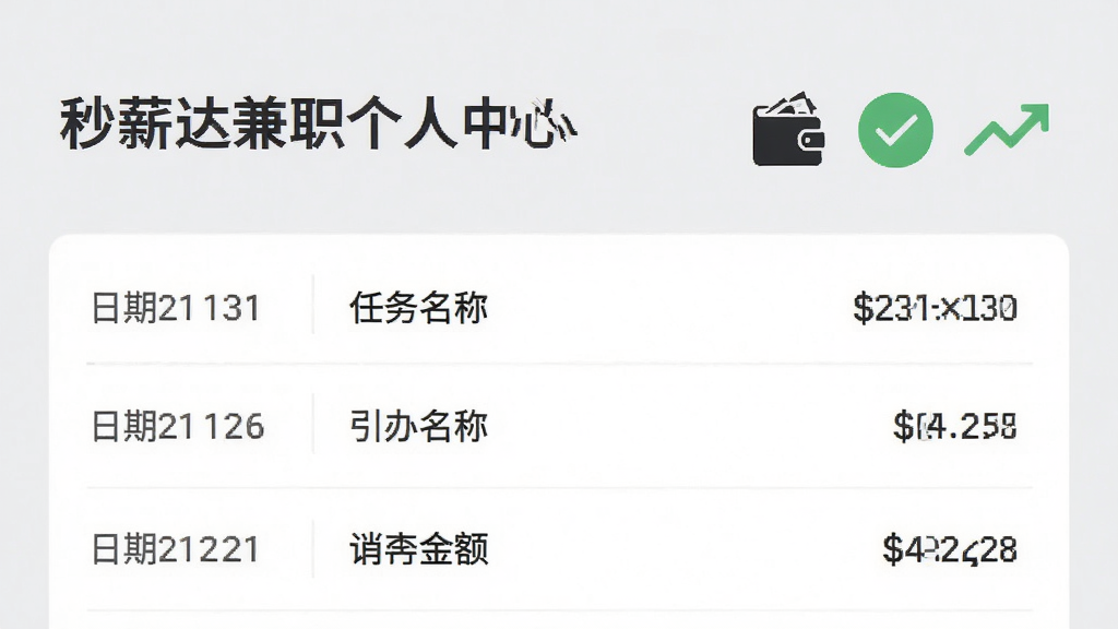 秒薪达兼职个人中心页面展示收益明细列表,包含日期、任务名称和金额数字,旁边有钱包、对勾和上升趋势图标,背景为浅灰色,风格简约商务,细节清晰,画质干净,无多余元素