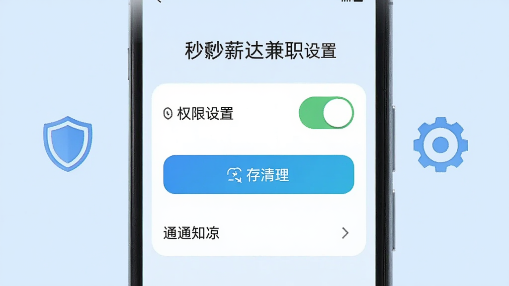 手机屏幕显示秒薪达兼职设置页面,包含权限开关、缓存清理按钮和通知选项,旁边有盾牌和齿轮图标,背景为浅蓝色,风格简洁实用,细节清晰,画质干净,无多余元素
