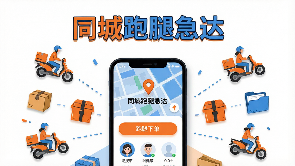 画面中央展示一部智能手机,手机屏幕亮起,屏幕上清晰显示“同城跑腿急达”APP的首页界面,界面包含地图定位、跑腿下单按钮和骑手头像列表。手机周围环绕着手绘风格的跑腿骑手、包裹、外卖箱、文件袋等小图标,布局呈放射状从手机向外扩散。排版采用上下结构,上方留白处放置软件名称“同城跑腿急达”的艺术字。风格为现代扁平化插画风,色调以橙蓝撞色为主,细节处有轻微阴影和圆角处理。画质高清,背景干净,无多余元素。