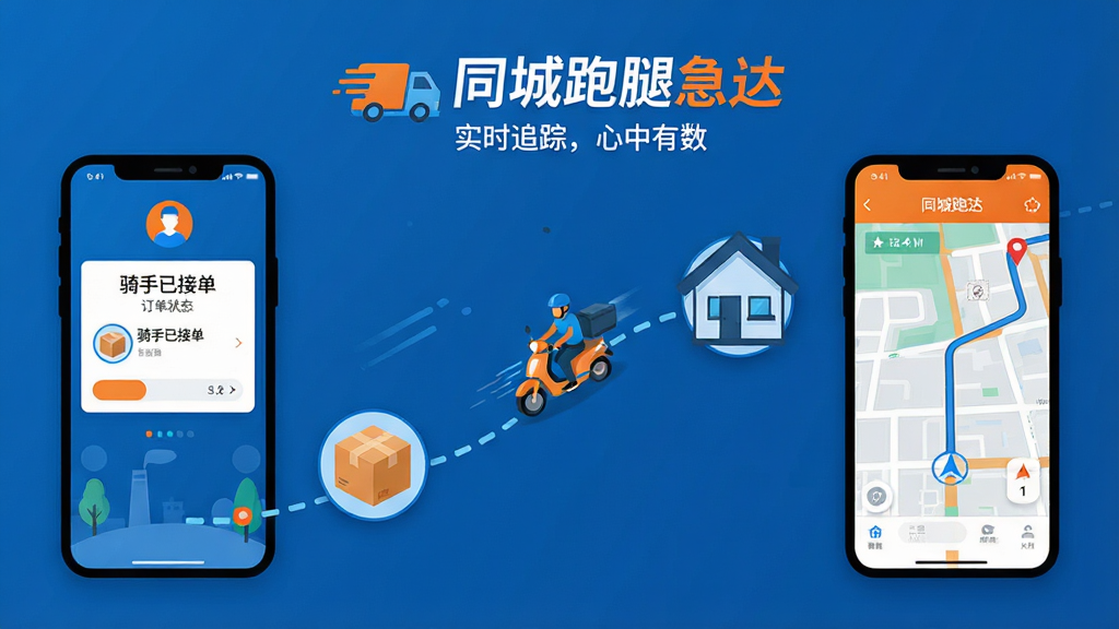 一张横向展开的科技感信息图,左侧是用户手机界面显示订单状态“骑手已接单”,中间是一条动态的虚线路径连接起点的包裹图标和终点的房屋图标,路径上有一个骑手图标正在移动,右侧是骑手端手机界面显示导航地图。画面顶部有“同城跑腿急达”的Logo和标语“实时追踪,心中有数”。风格为扁平化UI插画,配色以科技蓝和活力橙为主,背景干净无杂物,画质清晰。