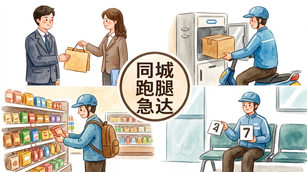 一张四宫格布局的插画,四个格子分别描绘四种跑腿场景:左上角是白领递送文件袋,右上角是骑手从快递柜取包裹,左下角是骑手在超市货架前挑选商品,右下角是骑手坐在医院排队椅上举着号码牌。四个格子中央交汇处放置“同城跑腿急达”的圆形徽标。风格为温暖的手绘水彩风,色彩柔和,细节丰富,画质细腻,背景留白充足。