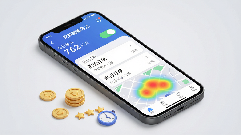 一张展示骑手端APP界面的手机样机图,屏幕中显示“同城跑腿急达”骑手端首页,包含今日收入数字、接单开关按钮、附近订单列表和地图热力图。手机下方散落着金币、五星好评、时钟等小元素,象征收入与时间自由。风格为现代简约的3D渲染风,光影柔和,画质高清,背景为浅灰色渐变,无杂乱元素。