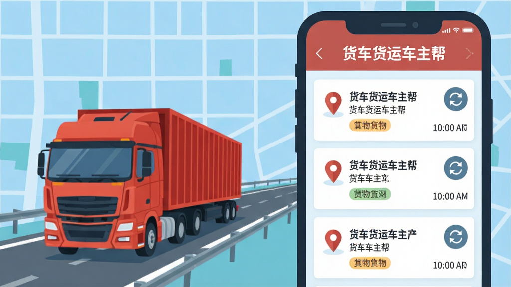 一幅扁平化插画,画面左侧是一辆红色重型货车行驶在高速公路上,右侧是一部放大的手机屏幕,屏幕中显示“货车货运车主帮”的货源列表界面,列表中有多条货源信息并带有刷新图标,背景为浅蓝色地图网格,风格简洁明快,细节包括定位图标、货物标签、时间标记,画质清晰,干净,无多余元素