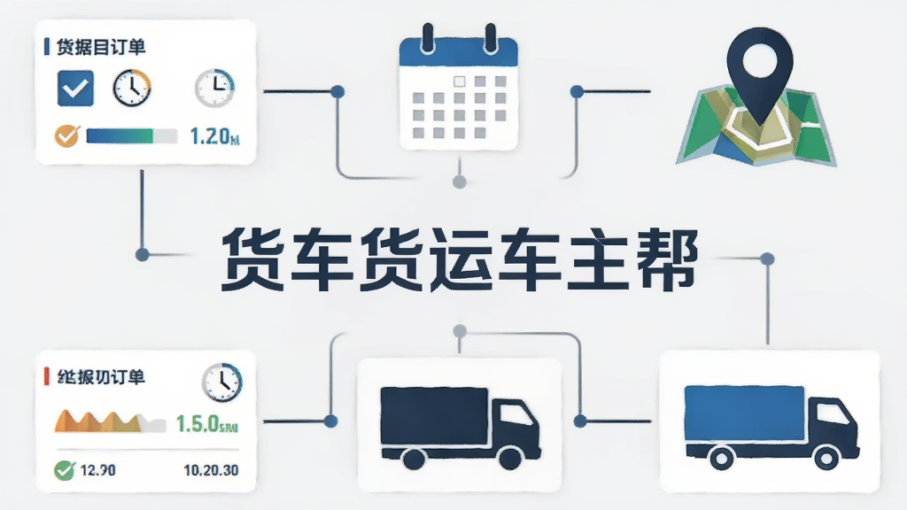 画面为一张信息图表风格的插图,中央是“货车货运车主帮”的文字标识,四周分布着订单卡片、日历图标、地图定位、货车剪影等元素,用线条连接形成流程感,背景为浅灰色,风格商务简洁,细节包括数据条、勾选标记、时间戳,画质清晰,干净,无多余元素