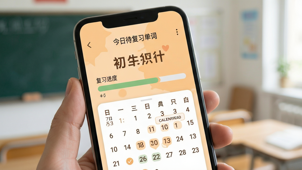 一张初中英语单词同步学复习计划界面示意图,画面主体为手机屏幕,屏幕中显示今日待复习单词数量、复习进度条与日历打卡标记,背景为淡橙色,风格温暖清新,布局简洁,细节清晰,画质干净,无多余元素