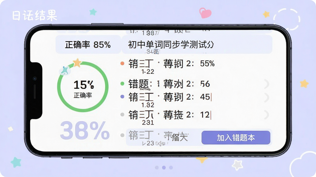 一张初中英语单词同步学测试结果界面示意图,画面主体为手机屏幕,屏幕中显示正确率百分比、错题列表与