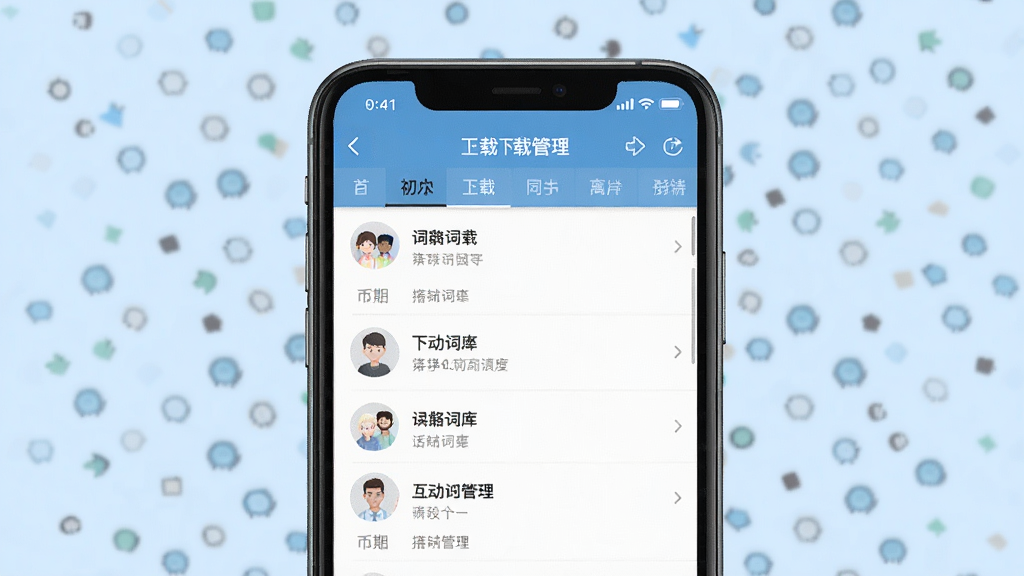 一张初中英语单词同步学离线下载界面示意图,画面主体为手机屏幕,屏幕中显示已下载词库列表与下载管理按钮,背景为浅蓝色,风格干净利落,布局清晰,细节明确,画质干净,无多余元素