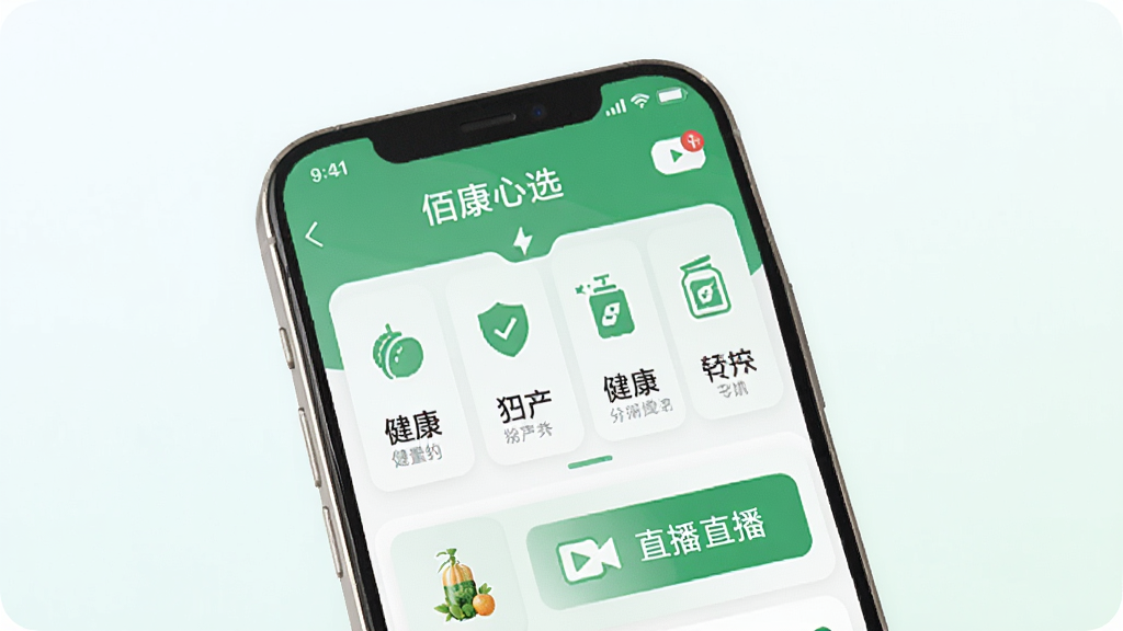 主体为一部智能手机,屏幕上展示佰康心选APP的首页界面,布局清晰,包含健康商品分类图标与直播入口按钮,排版简洁现代,风格为明亮清新的健康主题风,细节上屏幕内有绿色与白色的色彩搭配,背景为干净的浅色渐变,画质高清,干净,无多余元素