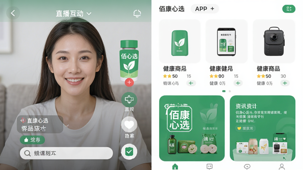 主体为佰康心选APP的功能界面组合展示,布局采用分屏排版,左侧展示直播互动画面,右侧展示健康商品列表与资讯卡片,风格为现代扁平化设计,细节上包含绿色主色调与白色背景,界面文字清晰,画质高清,干净,无多余元素