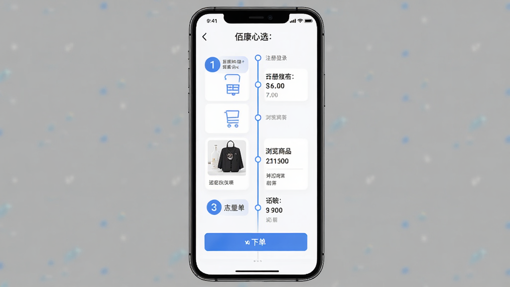 主体为佰康心选APP的手机操作界面截图风格画面,布局展示从注册登录到浏览商品再到下单的流程步骤,排版采用纵向时间轴形式,风格为简洁教程风,细节上包含手机边框与步骤序号,画质高清,干净,无多余元素