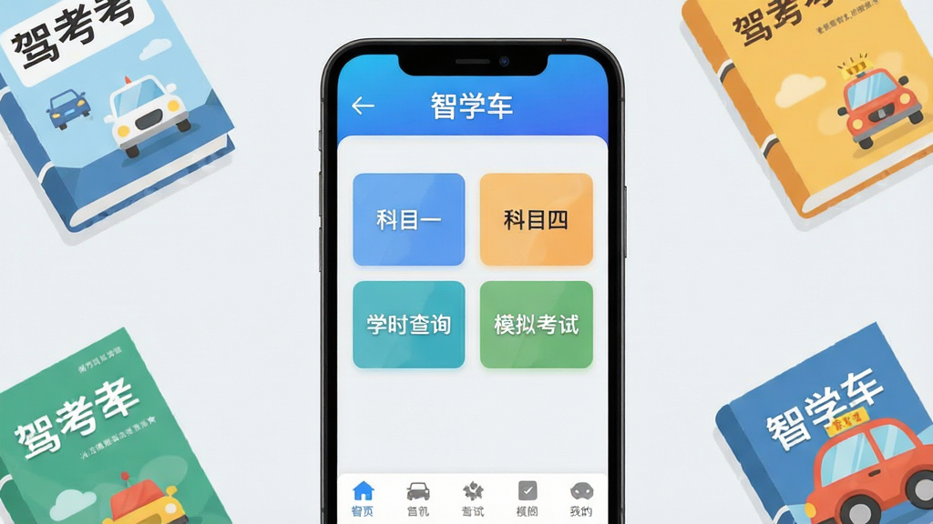 手机屏幕中央展示智学车应用主界面,上方是蓝色渐变导航栏写着“智学车”,中间排列科目一、科目四、学时查询、模拟考试四个功能卡片,底部有五个标签栏图标,背景是简洁的浅灰白色,周围散落几本驾考书籍和一辆卡通小汽车,整体风格清新扁平化,画质干净清晰,无多余元素