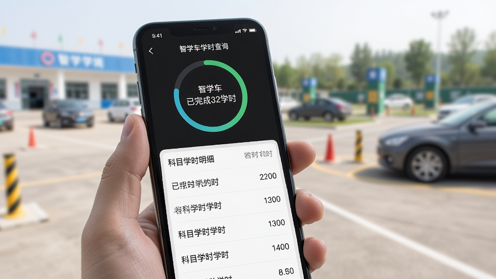手机屏幕展示智学车学时查询页面,上方是圆形进度条显示“已完成32学时”,下方是列表形式展示各科目学时明细,旁边有一只手拿着手机,背景是驾校训练场虚化场景,风格简约实用,画质清晰干净,无多余装饰