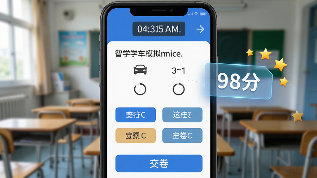 一个手机屏幕显示智学车模拟考试界面,顶部倒计时器显示剩余时间,中间是一道选择题和四个选项按钮,底部有交卷按钮,屏幕旁边漂浮着“98分”的成绩标签和几颗星星,背景是教室场景虚化处理,风格写实偏科技感,画质清晰,无杂乱元素