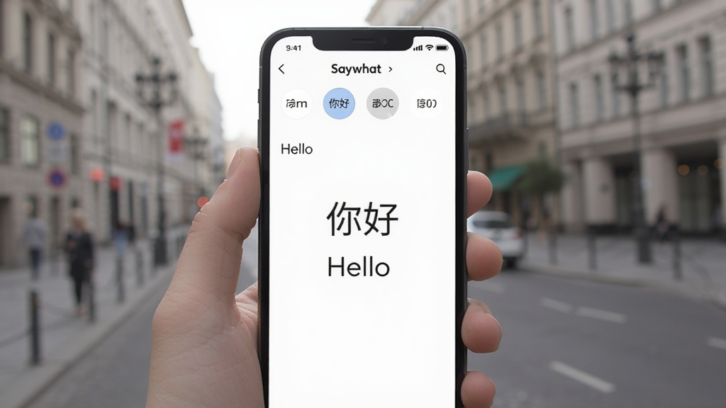 一张展示 Saywhat 多语种翻译功能的图片,画面中一只手拿着手机,手机屏幕显示 Saywhat 应用正在将中文 “你好” 翻译成英文 “Hello”,屏幕上方有语言选择栏,背景是模糊的城市街景,风格写实,细节清晰,画质干净,无多余元素