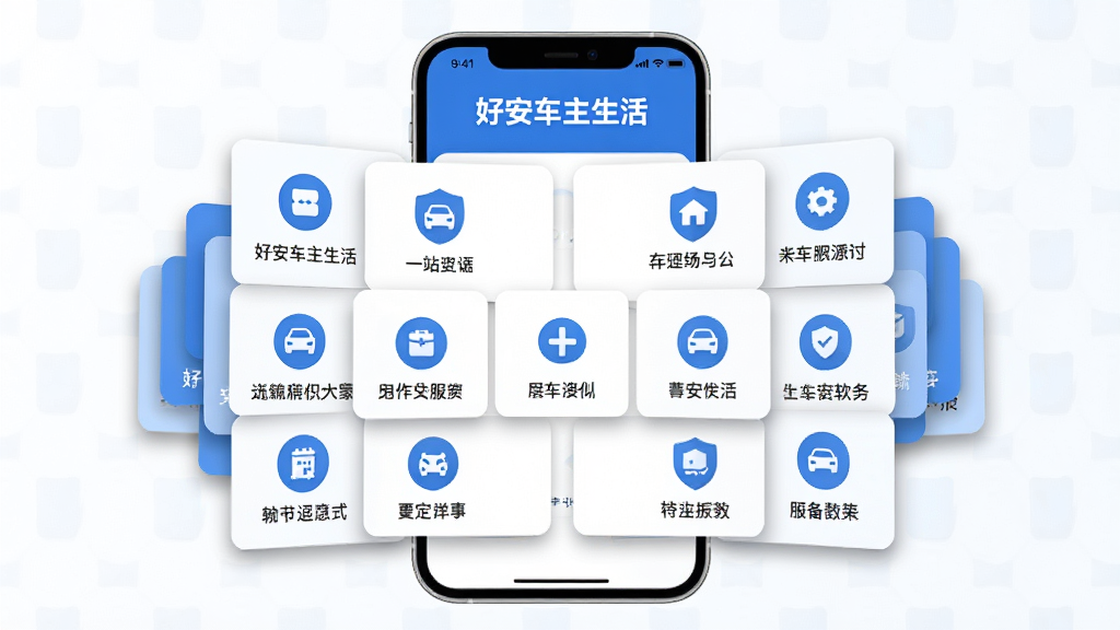 好安车主生活一站式用车服务功能展示图,主体为手机屏幕内多个功能卡片层叠展开,布局为中心对称排列,排版为网格状功能图标加文字说明,风格为扁平化商务风,细节包含好安车主生活软件名称文字标识、蓝色与白色配色、卡片阴影效果、功能图标清晰可辨,画质高清,干净,无多余元素