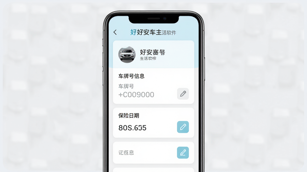 好安车主生活车辆信息管理界面示意图,主体为手机屏幕展示车辆档案卡片,布局为纵向列表排列,排版为顶部车辆头像加信息字段,风格为清新浅色系,细节包含好安车主生活软件名称、车牌号占位符、保险日期字段、编辑按钮图标、浅灰色背景,画质高清,干净,无多余元素