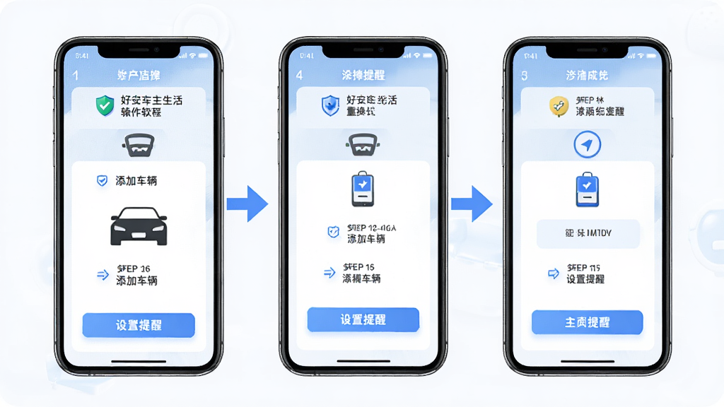 好安车主生活操作流程示意图,主体为手机屏幕展示从添加车辆到设置提醒的步骤分解,布局为三屏横向排列,排版为每屏一个操作步骤加箭头引导,风格为清爽简约风,细节包含好安车主生活软件名称、蓝色箭头、手机边框、步骤编号,画质高清,干净,无多余元素