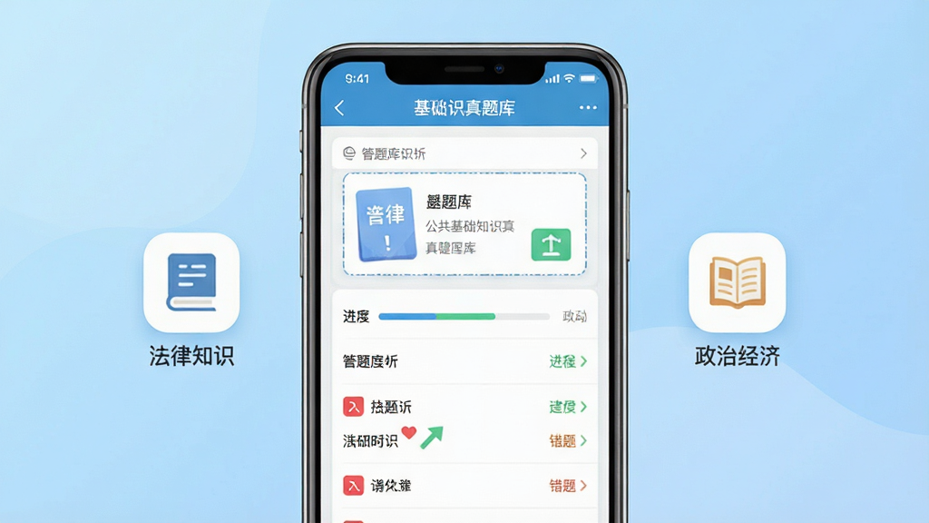 一幅展示手机屏幕内公共基础知识真题库应用界面的图片,主体是一部竖屏智能手机,屏幕中央显示公共基础知识真题库的题库列表页面,左侧悬浮法律知识图标,右侧悬浮政治经济图标,背景为浅蓝色渐变,排版简洁居中,风格为扁平化教育类App展示,细节包含答题卡、进度条、错题标记,画质清晰,干净,无多余元素