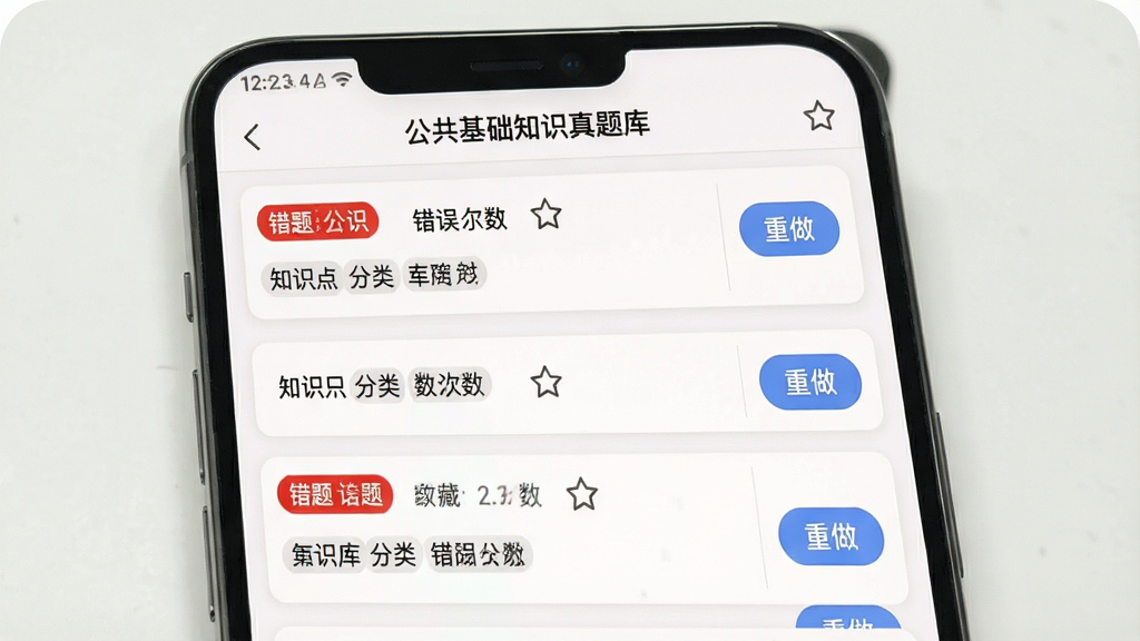 一幅展示公共基础知识真题库错题本功能的手机界面图片,主体为手机屏幕内错题列表页面,屏幕上方显示公共基础知识真题库标题栏,下方排列多道错题卡片,每张卡片带有红色错题标签和知识点分类标签,右侧有重做按钮,背景为白色简洁风格,排版整齐,风格为教育工具类App界面展示,细节包含错误次数统计和收藏图标,画质清晰,干净,无多余元素
