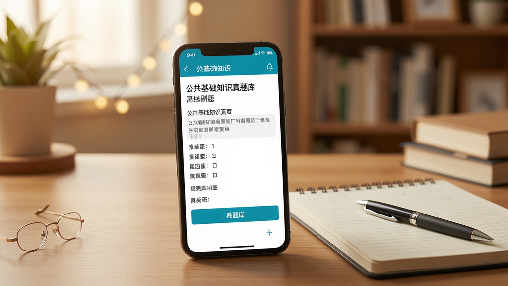 一幅展示公共基础知识真题库离线刷题功能的场景图片,主体为一部手机放置在书桌上,屏幕显示公共基础知识真题库的练习界面,手机旁边放着一本笔记本和一支笔,背景为温馨的书房环境,风格为生活化教育场景,细节包含手机屏幕上的题目文字和选项按钮,画质清晰,干净,无多余元素