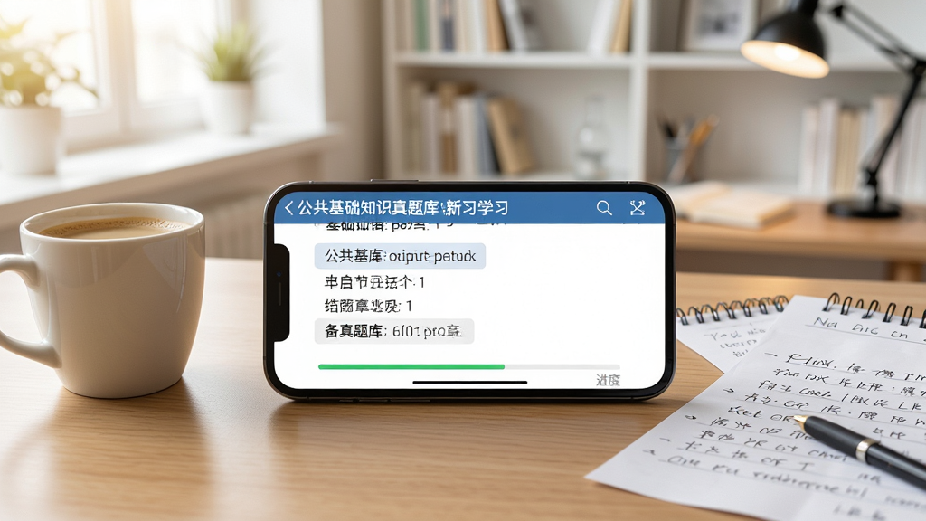 一幅展示公共基础知识真题库新手学习场景的图片,主体为一部手机横屏放置在桌面上,屏幕显示公共基础知识真题库的章节练习页面,手机左侧放着一杯咖啡,右侧散落几张手写笔记,背景为明亮的书房,风格为学习备考氛围,细节包含手机屏幕上的题目选项和进度条,画质清晰,干净,无多余元素