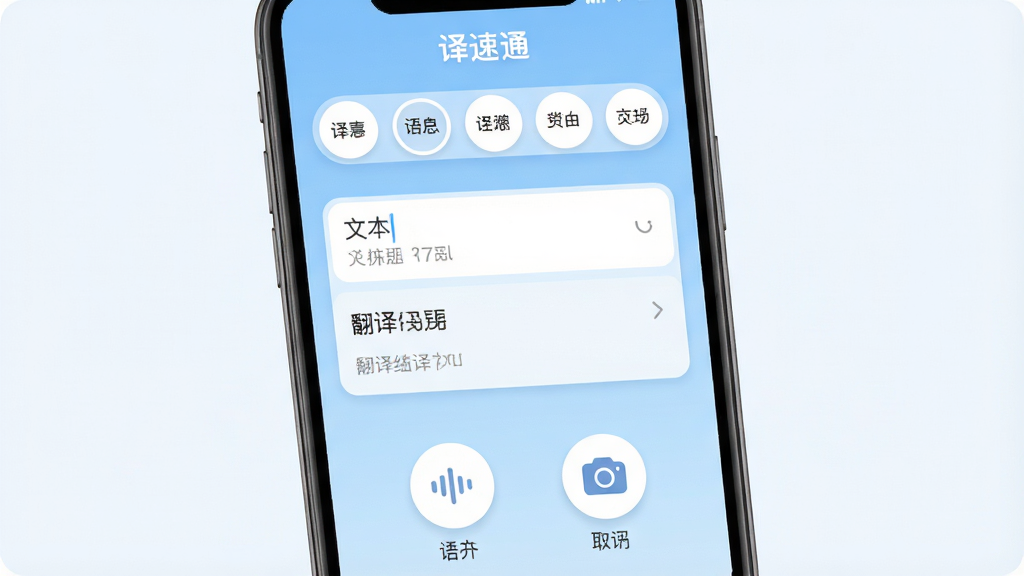 手机屏幕中央显示“译速通”应用界面,上方是语言选择栏,中间是文本输入框与翻译结果展示区,下方排列语音输入与相机取词图标,整体布局简洁清晰,背景为浅蓝色渐变,风格现代扁平化,细节包含圆角按钮与柔和阴影,画质高清,画面干净,无多余元素