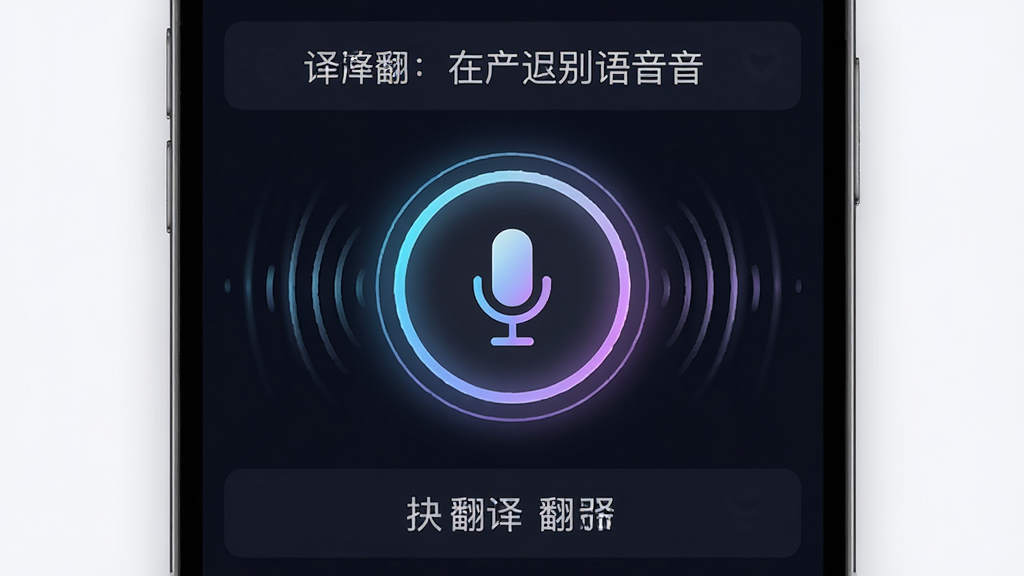 “译速通”应用内语音翻译界面,中央是一个醒目的圆形麦克风按钮,周围有音波扩散纹理,上方显示正在识别的语音文字,下方显示翻译结果,背景为深色模式,风格科技感强,细节包含发光边缘与渐变光晕,画质高清,画面干净,无多余元素