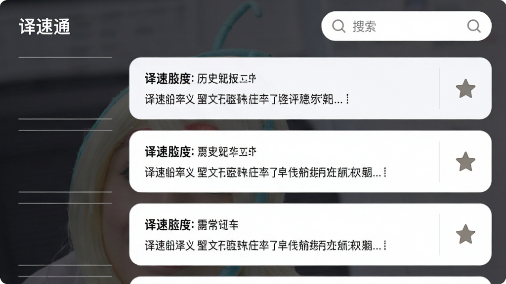 “译速通”历史记录与收藏夹界面,列表展示多条翻译记录,每条包含原文与译文,右侧有星标收藏图标,顶部有搜索框,布局为垂直列表,风格素雅极简,细节包含浅灰色分割线与圆角卡片,画质高清,画面干净,无多余元素