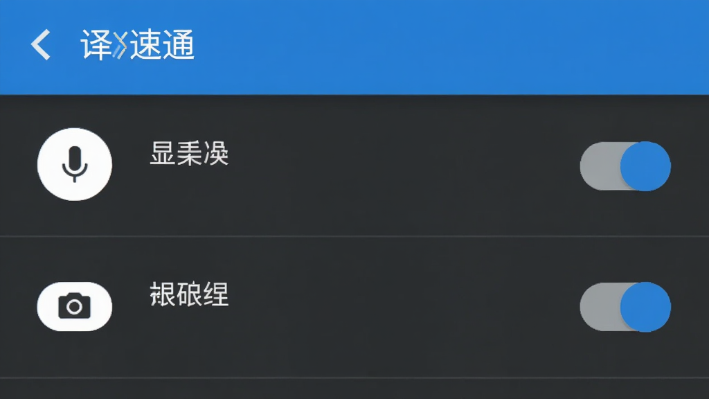 “译速通”应用在手机上的权限设置界面,展示麦克风与相机权限开关,界面风格为安卓原生设置页,布局为垂直列表,细节包含权限图标与开关按钮,画质清晰,画面干净,无多余元素