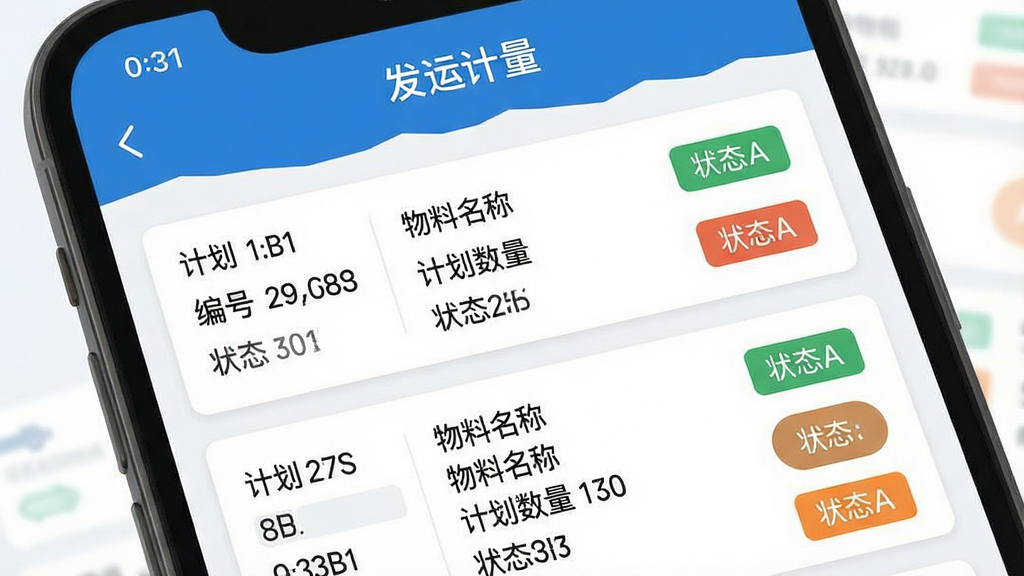 手机界面展示发运计划列表,顶部标题为“发运计量”,下方排列多张计划卡片,每张卡片上标注“计划编号”“物料名称”“计划数量”“状态”等字段,卡片右侧有状态标签,界面风格清爽,蓝白配色,布局整齐,画面中清晰显示“发运计量”字样,扁平化设计,高清画质,干净无多余元素