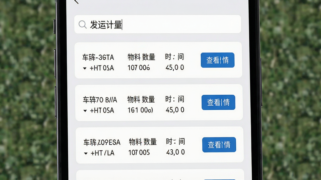 手机屏幕显示发运记录查询页面,顶部搜索框内有“发运计量”文字,下方列表展示多条发运记录,每条记录包含车牌号、物料、数量、时间等信息,右侧有查看详情按钮,界面采用浅灰色背景与白色卡片搭配,风格素雅,布局清晰,画面干净,高清画质,无多余元素