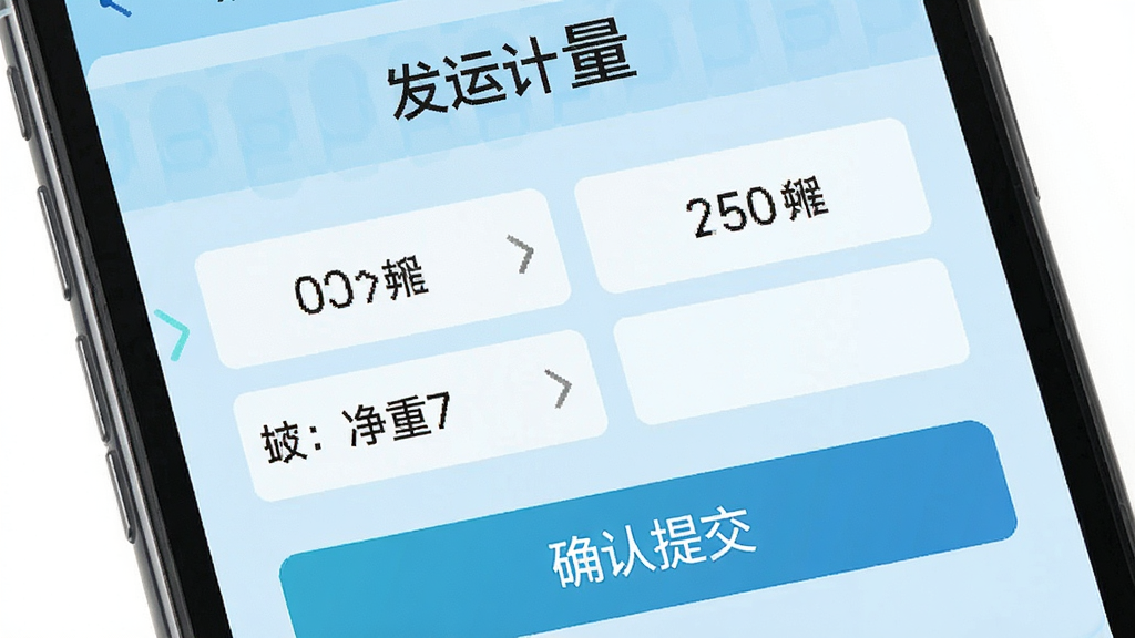 手机屏幕显示计量数据采集界面,顶部有“发运计量”文字,中部展示毛重、皮重、净重等数据字段,下方有确认提交按钮,界面背景为浅蓝色,风格清新,布局简洁,画面干净,高清画质,无多余元素